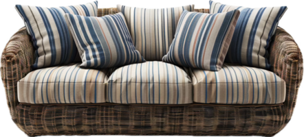 Wicker Sofa with Cushions and Neutral Fabric. png