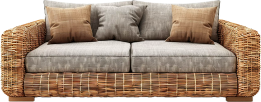 Korbweide Sofa mit Kissen und neutral Stoff. png