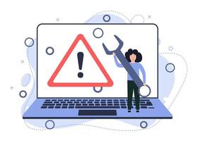 Illustration of a broken laptop. Error warning sign on the screen. image of a broken or repaired computer vector