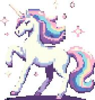 un adorable 8 bits píxel Arte unicornio con un vistoso arco iris melena, hecho a mano en un clásico retro juego estilo, presentado como un encantador icono aislado sin antecedentes. vector