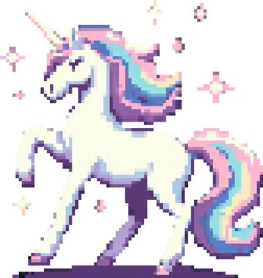 An adorable 8-bit pixel art unicorn with a colorful rainbow mane, crafted in a classic retro game style, presented as a charming icon isolated without background.