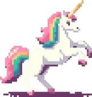 un adorable 8 bits píxel Arte unicornio con un vistoso arco iris melena, hecho a mano en un clásico retro juego estilo, presentado como un encantador icono aislado sin antecedentes. vector