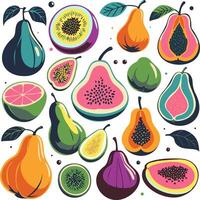 set of creative exotic fruits and berries. Bright non-standard colors, flat silhouettes. Pears with leaves, kiwi, papaya, lime, passion fruit vector