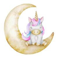 linda bebé cuento de hadas unicornio dormido en creciente Luna. aislado acuarela ilustración para logo, niño bienes, ropa, textiles, postales, póster, bebé ducha y para niños habitación vector
