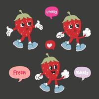 Retro Cartoon Character Fruit. flat red strawberry in Trendy Groovy Style and flat speech bubbles. Groovy character vector