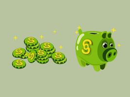 Money set icon. Colored flat icon for business and advertising. Ceramic green piggy bank in the shape of a pig. illustration of a stack of coins, coins flat icon vector