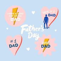 Father's Day greeting cards on white and blue background. Father's Day cartoon holiday illustration for banner. Set of icons for greeting father. Super dad, Dad number one vector