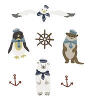 Cute Arctic animals set on a white background. Cartoon flat otter, penguin, arctic polar bear, seagull. North nature fauna animals. illustration in flat vector