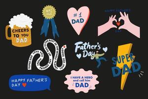 Father's Day greeting icons on black background. Father's Day cartoon holiday icons for banner. Set of icons for greeting father. Super dad, Dad number one. Mug of beer icon for greeting card vector