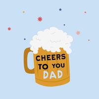 Happy Fathers day hand drawn lettering for greeting card. Mug of beer icon for greeting card. Cheers to you Dad illustration. Flat Beer illustration on a blue background with stars vector