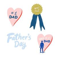 Father's Day greeting cards on white and blue background. Father's Day cartoon holiday illustration for banner. Set of icons for greeting father. Super dad, Dad number one vector