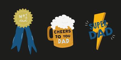 Father's Day greeting icons on black background. Father's Day cartoon holiday icons for banner. Set of icons for greeting father. Super dad, Dad number one. Mug of beer icon for greeting card vector