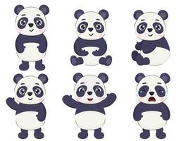 Cute cartoon panda bear character set. Print, postcard, poster element isolated on white. vector