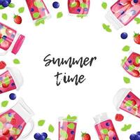 Summer frame with fresh berries drinks. Sale banner, poster, card template. White background isolated illustration vector