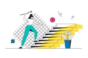 Career opportunity outline web concept in modern flat line design. Businesswoman climbing at job staircase, finding new directions and solutions, achieving professional goals. illustration vector