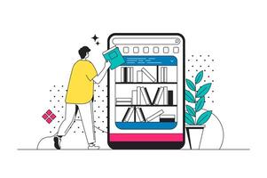 Online library outline web concept in modern flat line design. Man reading books at mobile app, buying digital books at internet bookshop, storing file archive at smartphone. illustration vector