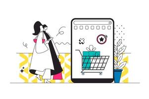 Online commerce outline web concept in modern flat line design. Woman making internet purchases, ordering products at supermarket with best price offres and paying at mobile app. illustration vector