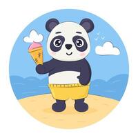Cute cartoon panda bear with ice cream on the beach. Element for summer print, postcard, poster vector
