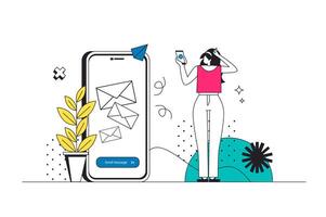 Mobile email service outline web concept in modern flat line design. Woman using app for sending digital mails, managing online correspondence and incoming spam in application. illustration vector