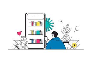 Online reading outline web concept in modern flat line design. Man reading books in mobile app, managing digital books at virtual shelves and storing at mobile phone application. illustration vector