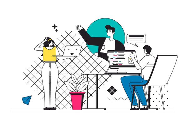 Developers team outline web concept in modern flat line design. Programmers and coding engineers working at project, connecting with manager, finding solutions for new product. illustration