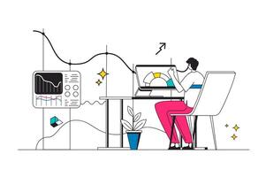 Business statistic outline web concept in modern flat line design. Businessman making market analysis and audit company budget, creating report with growth chart infographic. illustration vector