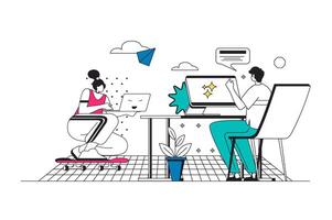 Freelance work outline web concept in modern flat line design. Woman doing task at laptop from remotely workplace. Man connecting with colleagues via computer app from home office. illustration vector