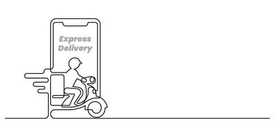 express delivery courier service with smart phone mobile app one line vector
