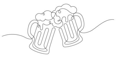 continuous line drawing of beer mug frothing clinking in happiness hour party time vector