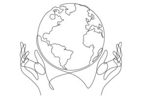 save world concept in one line drawing continuous with caring hands vector