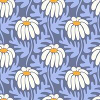 Aesthetic contemporary seamless pattern with daisy flowers. White chamomiles on blue vector