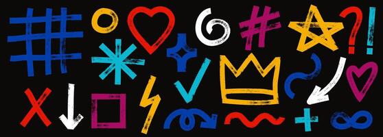Collection of color charcoal graffiti doodle punk and girly shapes. Bold marker brush drawn various doodle elements for templates and collages. Punk and grunge style. vector