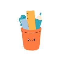 School supplies in holder illustration. Cute educational characters. Office stationery elements. Desk organizer in funny doodle style vector