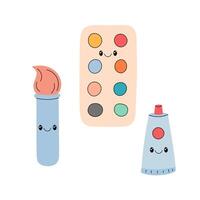 Art supplies illustrations set. Watercolor, paints, brush. Cute smiling characters in funny doodle style vector