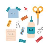 School supplies illustration. Educational characters. Office stationery elements. Cute funny doodle style. Memo note, scissors, tapes, glue, paper vector