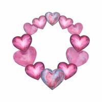 Round frame made of simple watercolor lilac hearts for Happy Valentines Day card or t-shirt design. Romance, relationship and love. Heart illustration. Hand drawn style vector