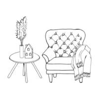 Armchair with woolen plaid, coffee table and wild dried flower vase. Black contour linear silhouette. simple flat graphic illustration. A simple line hand drawing vector