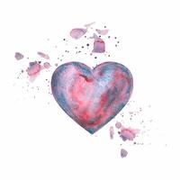 Simple watercolor lilac heart with splashes for Happy Valentines Day card or t-shirt design. Romance, relationship and love. Heart illustration. Hand drawn style vector