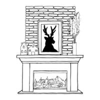 ilustración interior de vivo habitación con chimenea, pintura con un ciervo, leña, cerámico Linterna, candelero casa. un sencillo línea mano dibujo. negro contorno lineal silueta vector