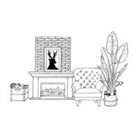 ilustración interior de vivo habitación con sillón, hogar planta aves de paraíso en ollas, chimenea, pintura con un ciervo, leña. un sencillo línea mano dibujo. negro contorno lineal silueta vector