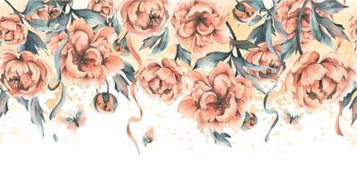 Beautiful peonies in peach fuzz color with leaves, buds and flying butterflies. Hand drawn watercolor illustration. Seamless border, pattern horizontal isolated from the background vector