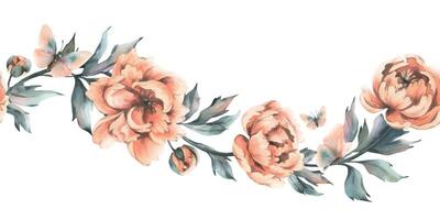 Beautiful peonies in peach fuzz color with leaves, buds and flying butterflies. Hand drawn watercolor illustration. Seamless border, pattern horizontal isolated from the background vector