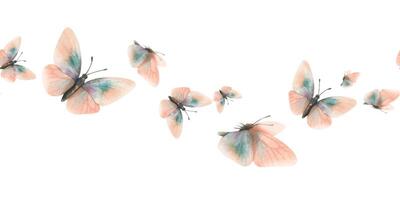 Delicate, flying, elegant butterflies in the trendy pastel color peach fuzz in a vintage style. Hand drawn watercolor illustration. Seamless board pattern, repeating ornament. vector