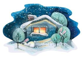 A rustic house in the snow with trees and cute bunnies. Winter landscape. Watercolor illustration. For the design and decoration of postcards, posters, banners, books, packaging, calendar vector