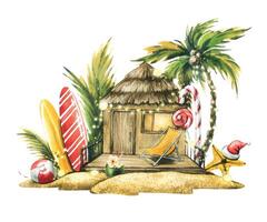 New Year in the tropics with bungalows, surfboards, palm trees and Christmas candies. Watercolor illustration. Composition on a white background. For the design of tourism postcards. vector