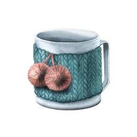 A white mug in a knitted decor. Watercolor illustration. An isolated object from a large set of COZY WINTER. For decoration and design, compositions on New Year, Christmas and winter themes. vector