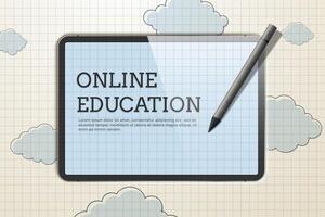 Online education concept. A tablet with a pen against the background of a checkered notebook. vector