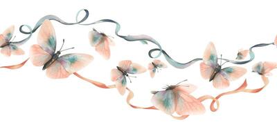 Writhing satin ribbons with flying butterflies in trendy pastel colors peach fuzz and turquoise in a vintage style. Hand drawn watercolor illustration. Seamless board pattern. vector
