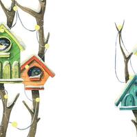 Colorful birdhouses with birds on trees with lights, garlands and snow. Watercolor illustration. Isolated on a white background. For the decoration and design of the new year, Christmas and winter vector