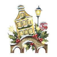 Christmas composition isolated on white background with european house, stone bridge, lanterns, lollipops and holly. Hand-drawn watercolor illustration for postcards, posters, prints, stickers. vector